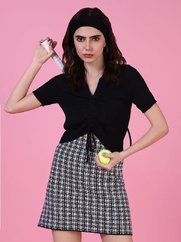Super Sale Women Black Solid Ruched Top