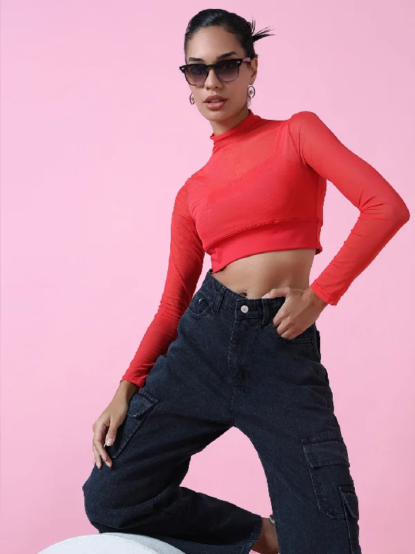 Year-End Deals Women Red Solid Sheer Crop Top
