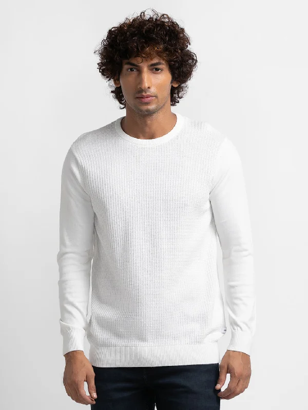 Spykar Ecru Cotton Full Sleeve Casual Sweater For Men