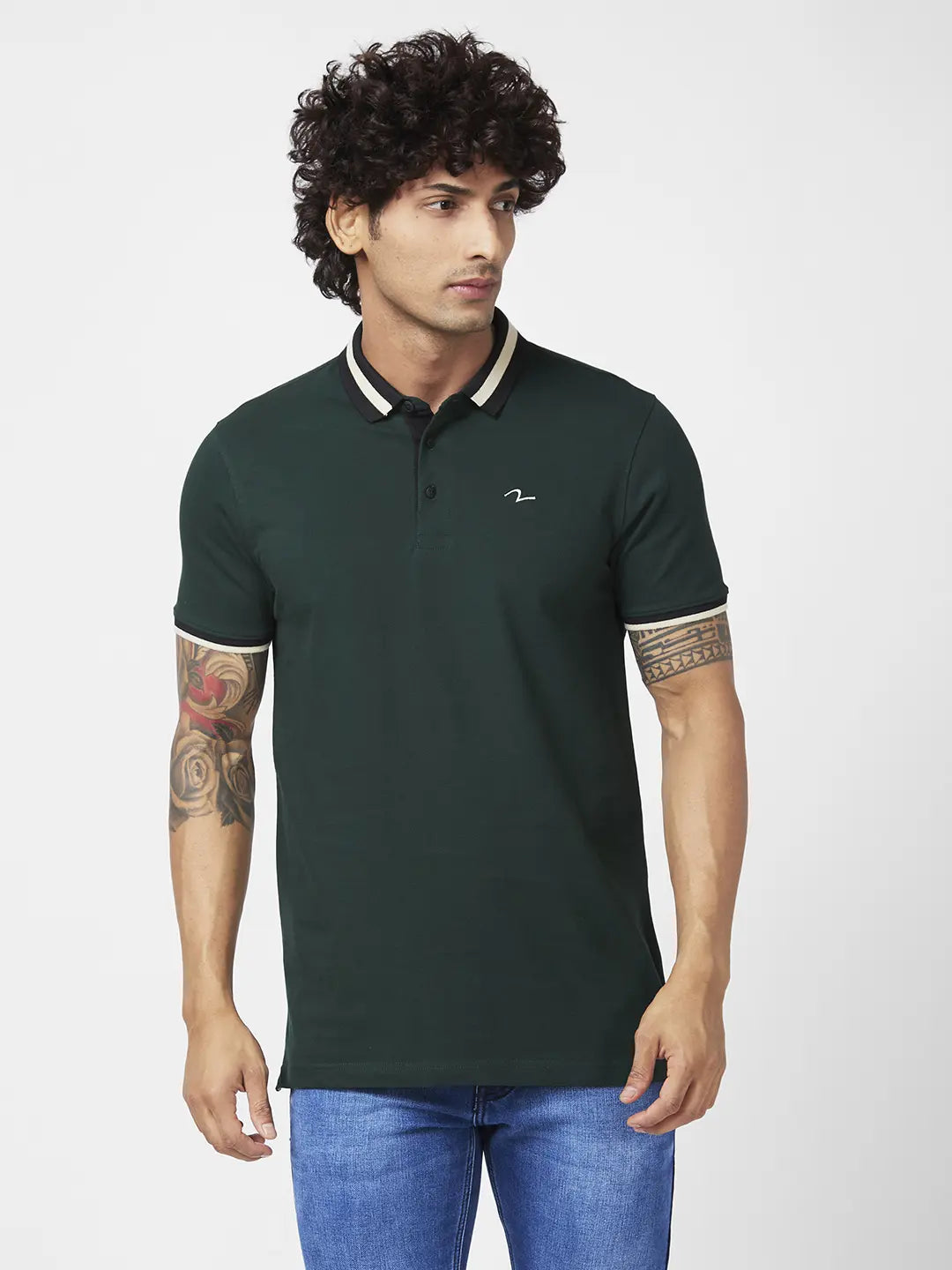 Spykar Men Bottle Green Blended Slim Fit Half Sleeve Polo Neck Casual Plain Polo Tshirt