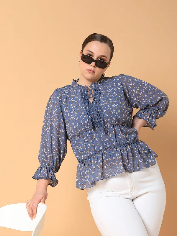 Hot Buy Women Floral Empire Blue Top