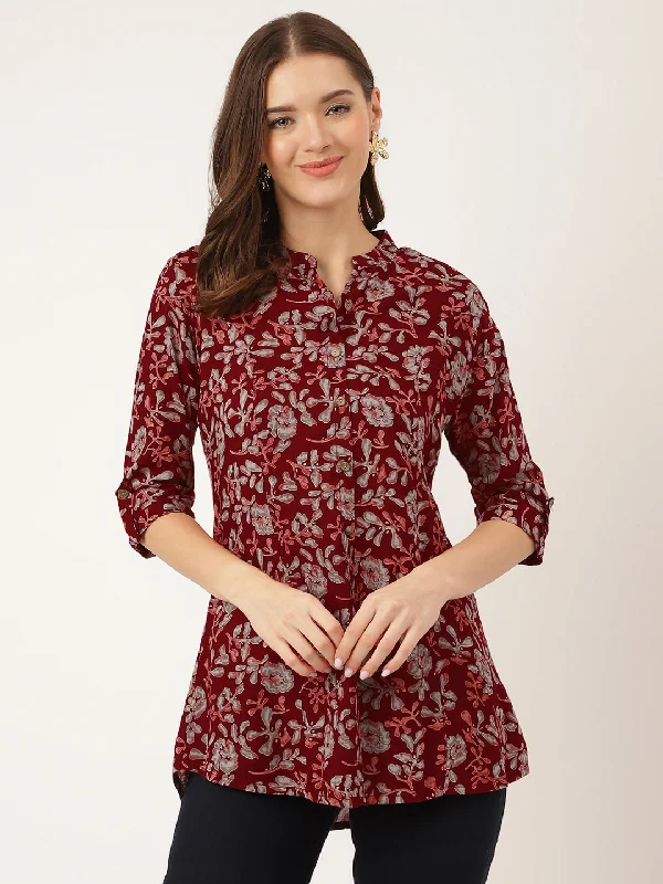 Today Only Maroon Floral Print Rayon Regular Top