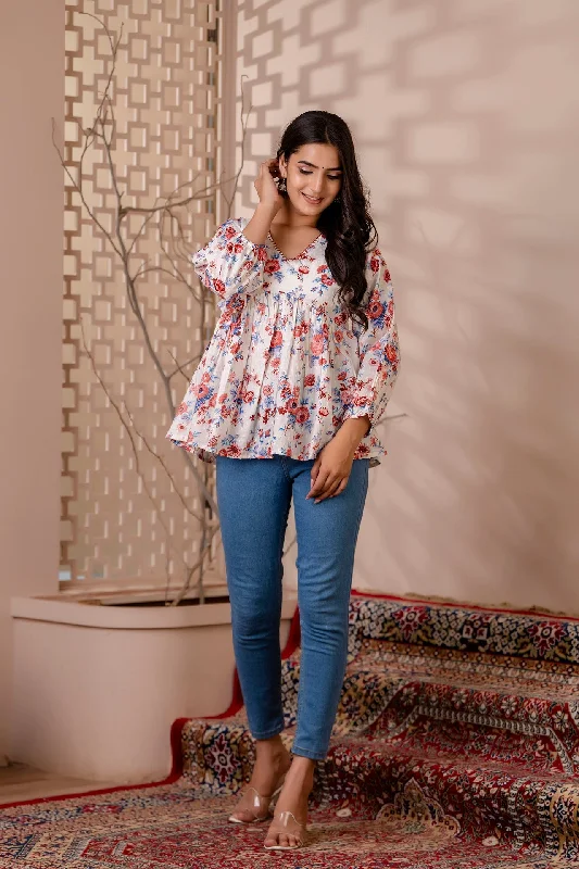 Year-End Deals Women White Floral Printed V-Neck Peplum Tunic