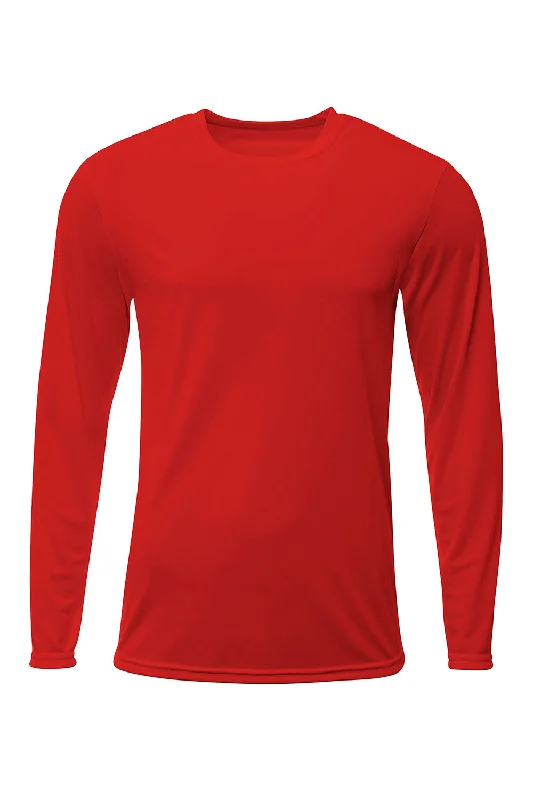 A4 Mens Sprint Moisture Wicking Long Sleeve Crewneck T-Shirt - Scarlet Red