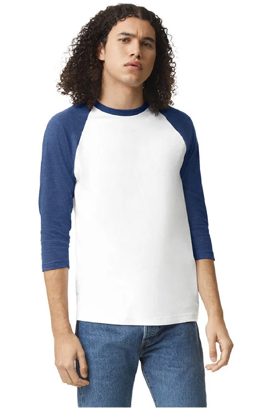 American Apparel Mens CVC Raglan 3/4 Sleeve Crewneck T-Shirt - White/Heather Indigo Blue