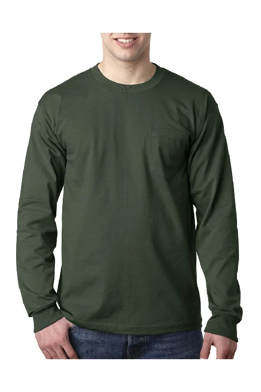 Bayside Mens USA Made Long Sleeve Crewneck T-Shirt w/ Pocket - Forest Green