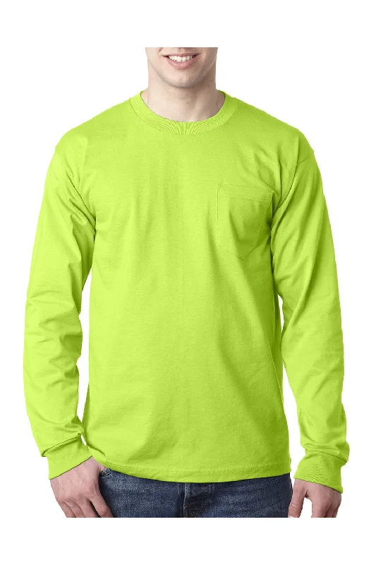 Bayside Mens USA Made Long Sleeve Crewneck T-Shirt w/ Pocket - Lime Green