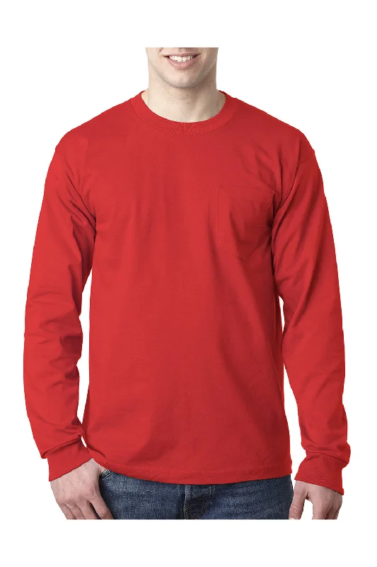 Bayside Mens USA Made Long Sleeve Crewneck T-Shirt w/ Pocket - Red