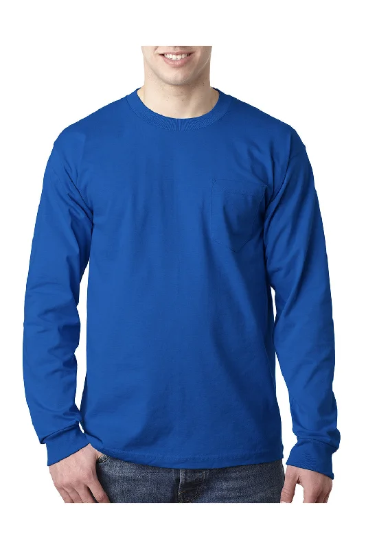 Bayside Mens USA Made Long Sleeve Crewneck T-Shirt w/ Pocket - Royal Blue