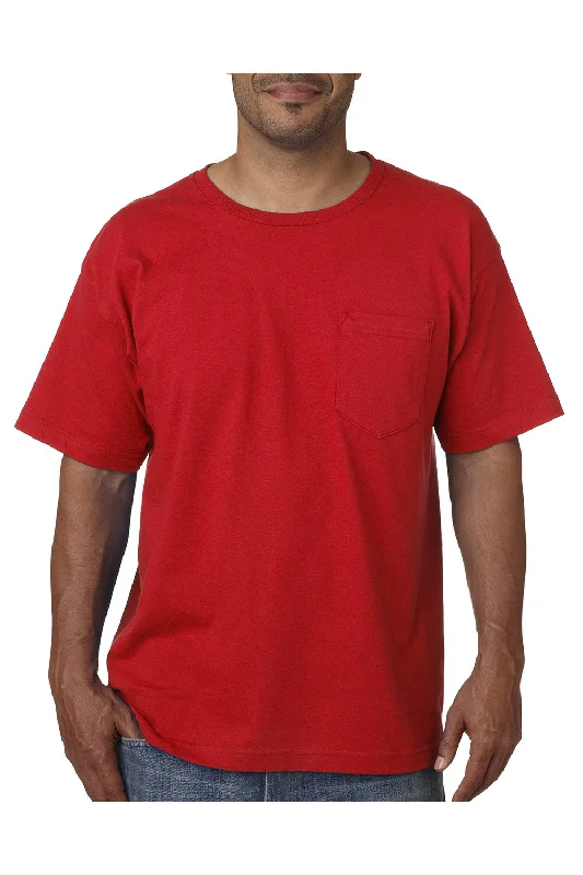 Bayside Mens USA Made Short Sleeve Crewneck T-Shirt w/ Pocket - Red