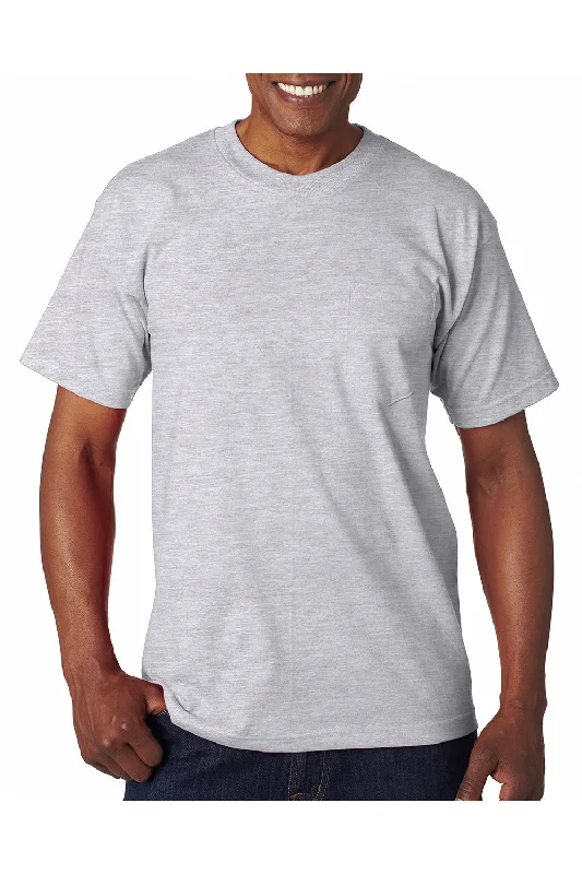 Bayside Mens USA Made Short Sleeve Crewneck T-Shirt w/ Pocket - Ash Grey