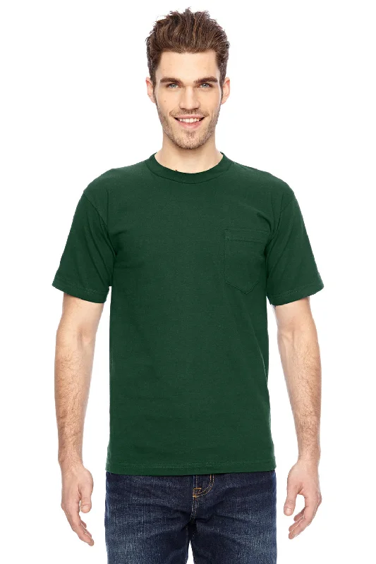 Bayside Mens USA Made Short Sleeve Crewneck T-Shirt w/ Pocket - Forest Green