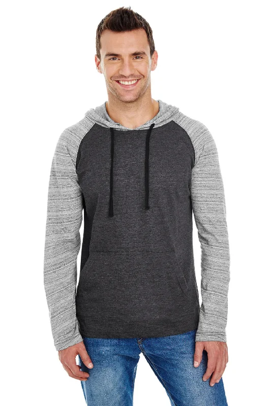 Burnside Mens Raglan Long Sleeve Hooded T-Shirt Hoodie - Heather Charcoal/Charcoal Stripe