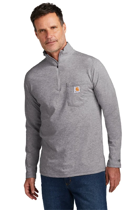 Carhartt Mens Force Moisture Wicking 1/4 Zip Long Sleeve T-Shirt w/ Pocket - Heather Grey