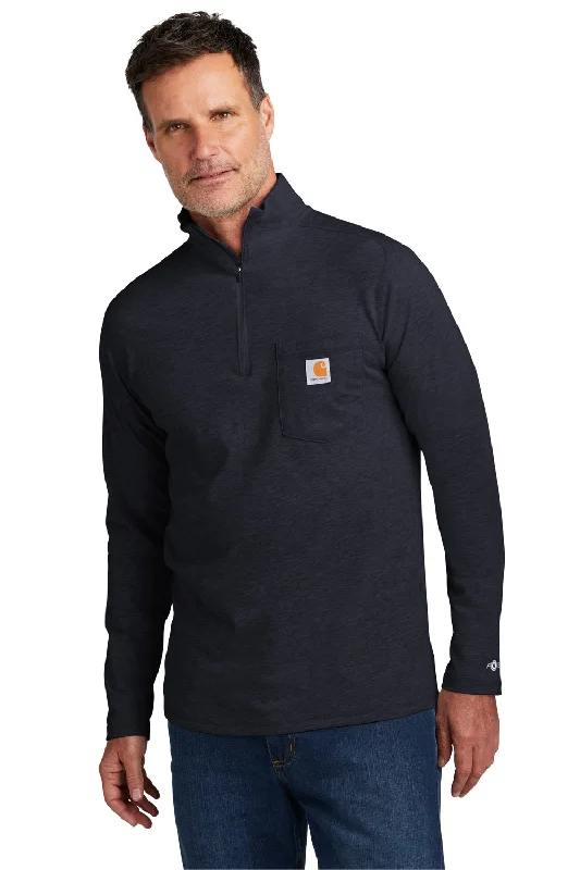 Carhartt Mens Force Moisture Wicking 1/4 Zip Long Sleeve T-Shirt w/ Pocket - Navy Blue