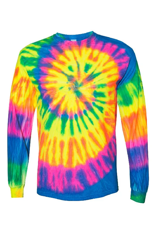 Dyenomite Mens Spiral Tie Dyed Long Sleeve Crewneck T-Shirt - Fluorescent Rainbow Spiral