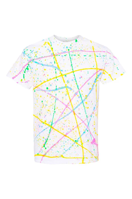 Dyenomite Mens Splatter Short Sleeve Crewneck T-Shirt - White/Rainbow