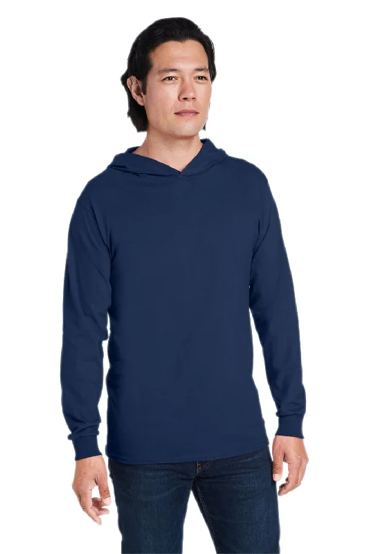 Fruit Of The Loom Mens HD Jersey Long Sleeve Hooded T-Shirt Hoodie - Navy Blue