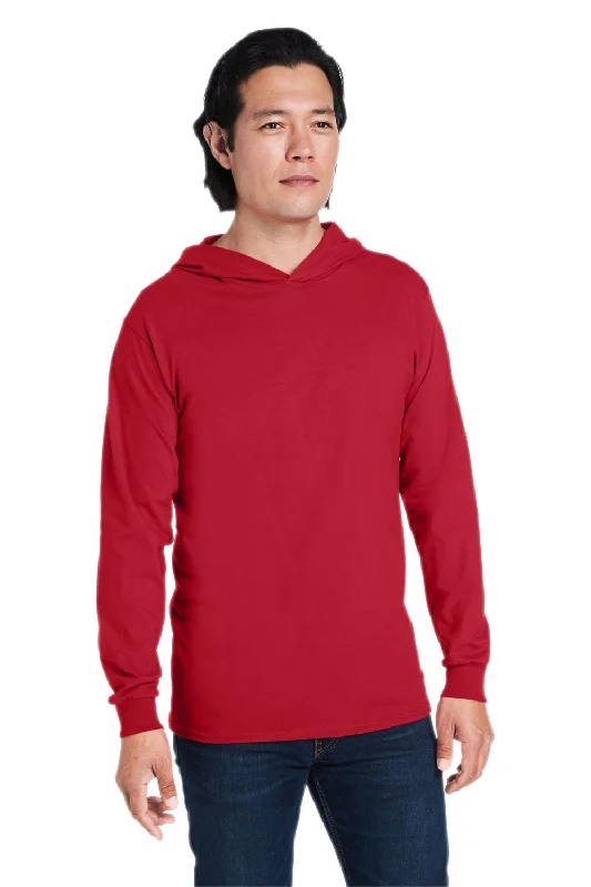 Fruit Of The Loom Mens HD Jersey Long Sleeve Hooded T-Shirt Hoodie - True Red