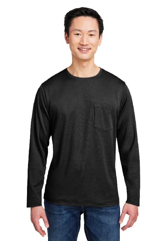 Harriton Mens Charge Moisture Wicking Long Sleeve Crewneck T-Shirt w/ Pocket - Black