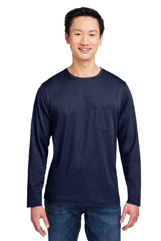 Harriton Mens Charge Moisture Wicking Long Sleeve Crewneck T-Shirt w/ Pocket - Dark Navy Blue