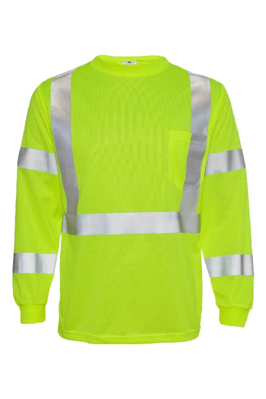 Kishigo Mens Class 3 Moisture Wicking Long Sleeve Crewneck T-Shirt w/ Pocket - Lime Green