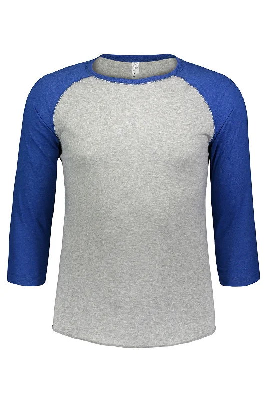 LAT Mens Fine Jersey Baseball 3/4 Sleeve Crewneck T-Shirt - Heather Grey/Vintage Royal Blue