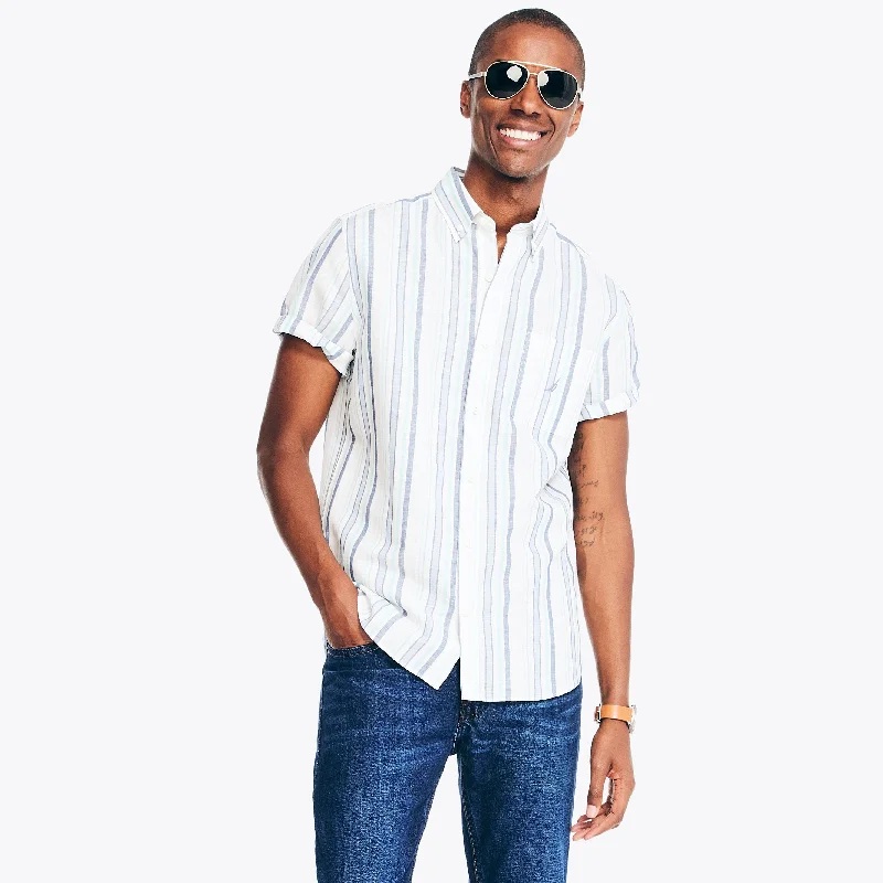 Nautica Mens Sustainably Crafted Striped Linen Short-Sleeve Shirt