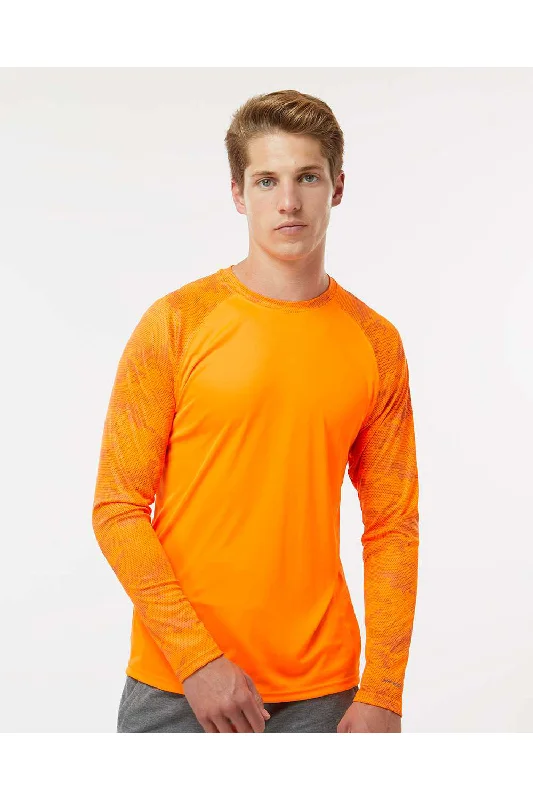 Paragon Mens Cayman Performance Moisture Wicking Camo Colorblock Long Sleeve Crewneck T-Shirt - Neon Orange