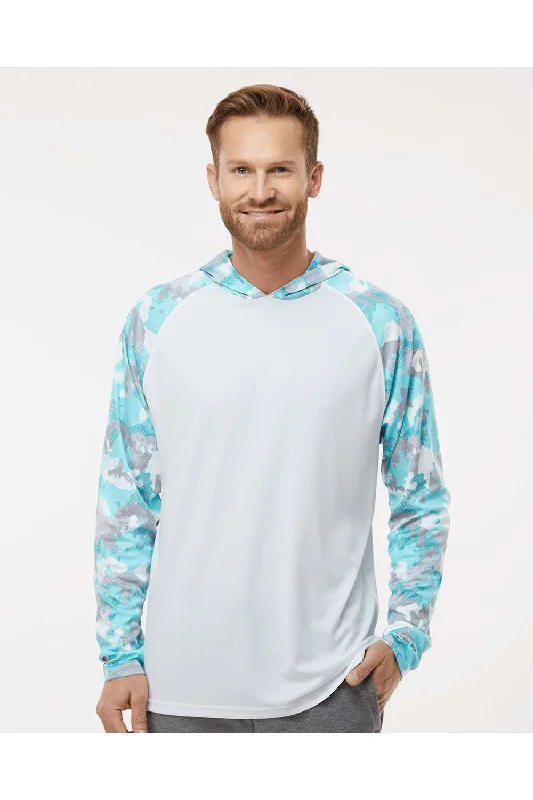 Paragon Mens Tortuga Extreme Performance Moisture Wicking Long Sleeve Hooded T-Shirt Hoodie - White/Aqua Blue Camo