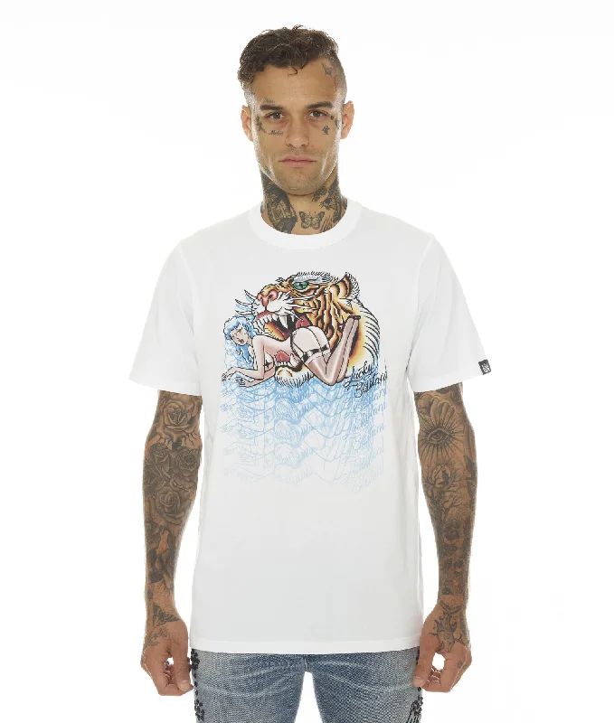 T-SHIRT SHORT SLEEVE CREW NECK TEE"LUCKY BASTARD TIGER" IN WHITE