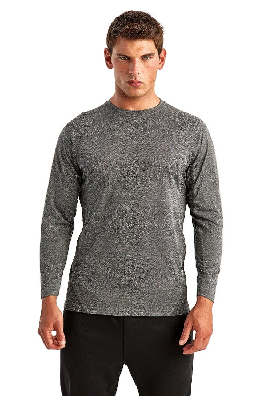 TriDri Mens Paneled Tech Moisture Wicking Long Sleeve Crewneck T-Shirt - Black Melange