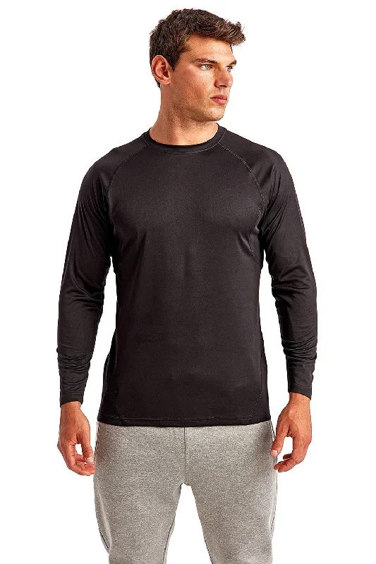 TriDri Mens Paneled Tech Moisture Wicking Long Sleeve Crewneck T-Shirt - Black